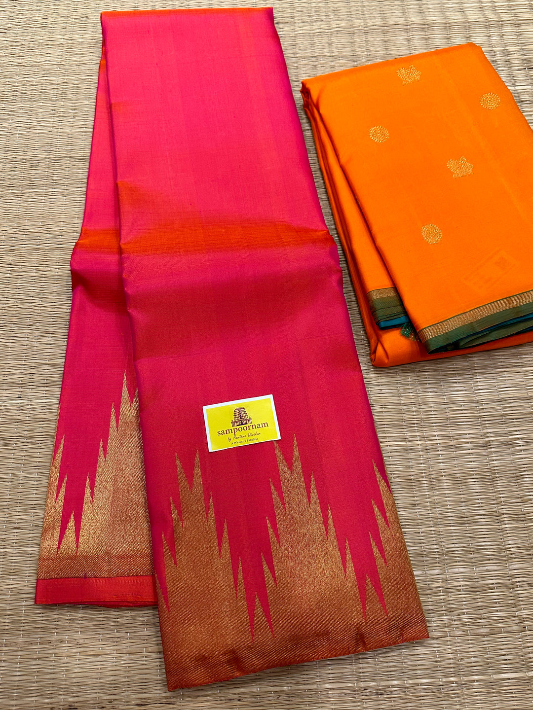 Orangish Pink with Rich Temple Border and Tissue Pallu Pure Zari, Pure Kanjivaram Silk Saree