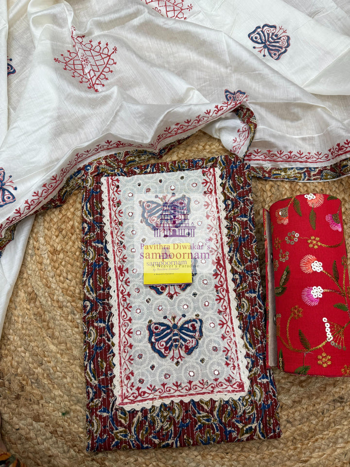 Cotton -  Maroon Top with Kalamkari Printed and Mirror work  in the Yoke , Cream  bottom and  Cream with Kalamkari Pipping Dupatta - Salwar Material