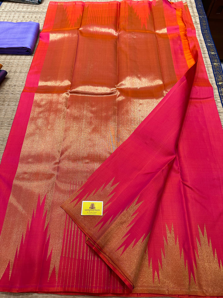 Orangish Pink with Rich Temple Border and Tissue Pallu Pure Zari, Pure Kanjivaram Silk Saree