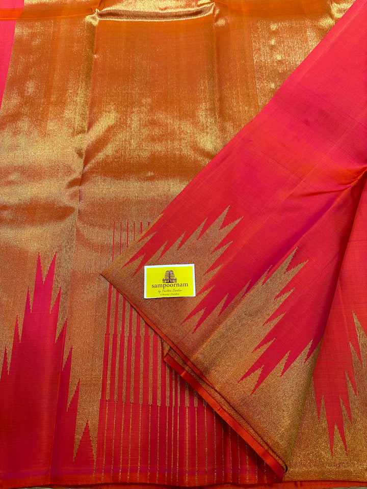 Orangish Pink with Rich Temple Border and Tissue Pallu Pure Zari, Pure Kanjivaram Silk Saree