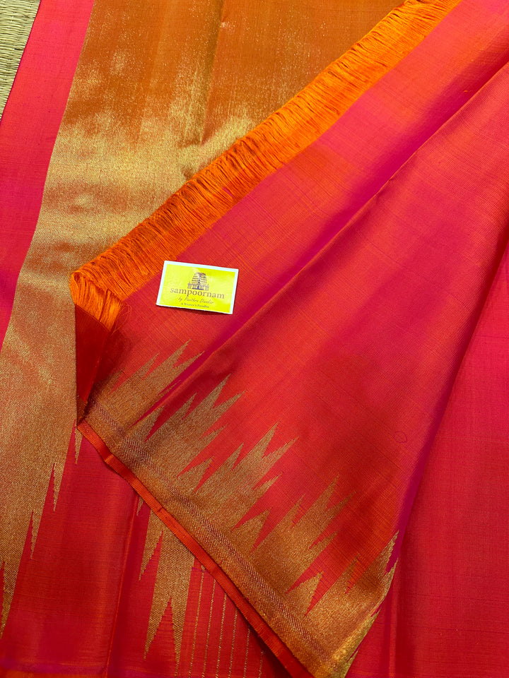 Orangish Pink with Rich Temple Border and Tissue Pallu Pure Zari, Pure Kanjivaram Silk Saree