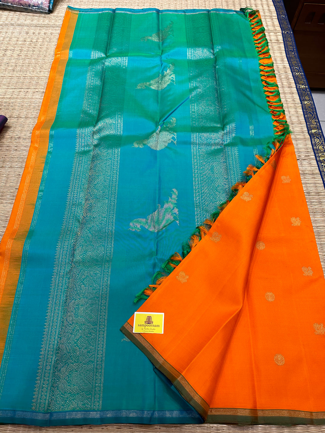 Fanta Orange with Turquoise Blue, Rich Annam and Rudraksh Butta, Killi Kanjivaram in the Pallu, Pure Zari Kanjivaram Silk Saree