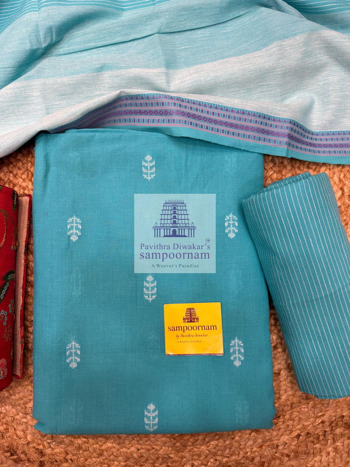 Khadi Cotton Light Blue top with Leaf Prints , Plain Bottom and Cotton Dupatta