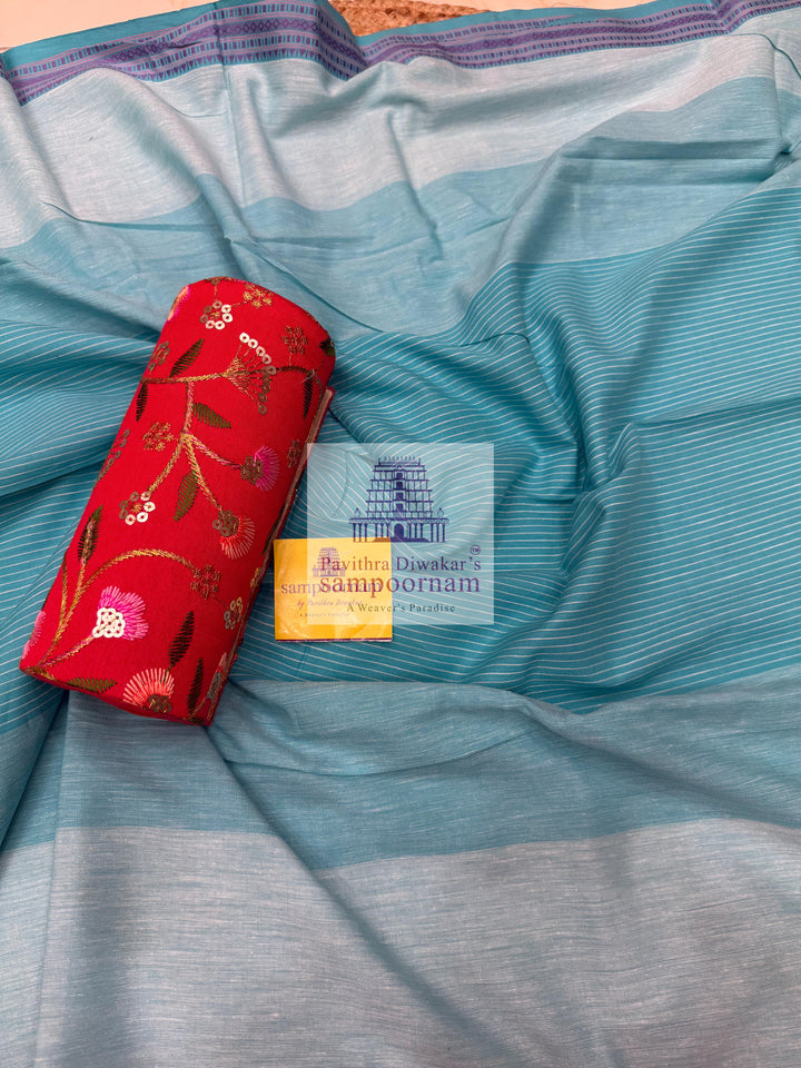 Khadi Cotton Light Blue top with Leaf Prints , Plain Bottom and Cotton Dupatta