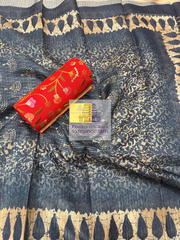 Blue Semi Tussar top with Printed Yoke and Mirror work , Plain Bottom and Printed Dupatta