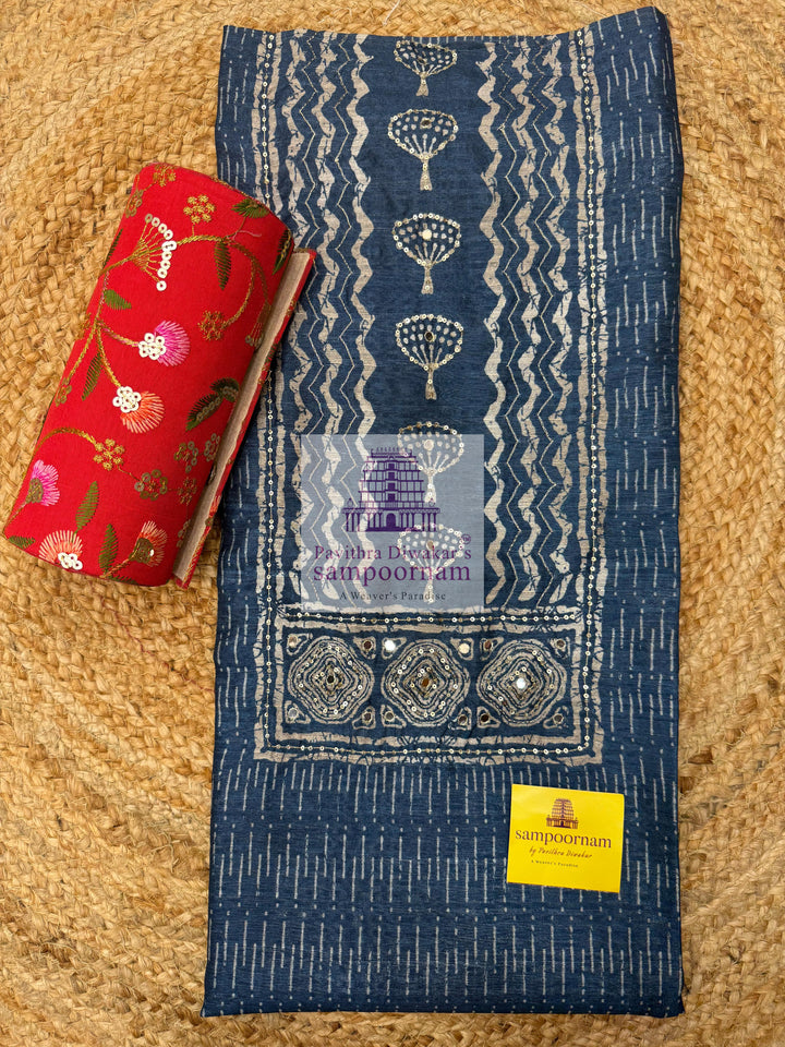 Blue Semi Tussar top with Printed Yoke and Mirror work , Plain Bottom and Printed Dupatta