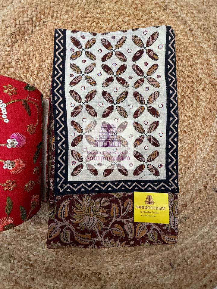 Cotton - Maroon Top with Applique Mirror work  in the Yoke and Cream  bottom and  Cream Printed Dupatta - Salwar Material