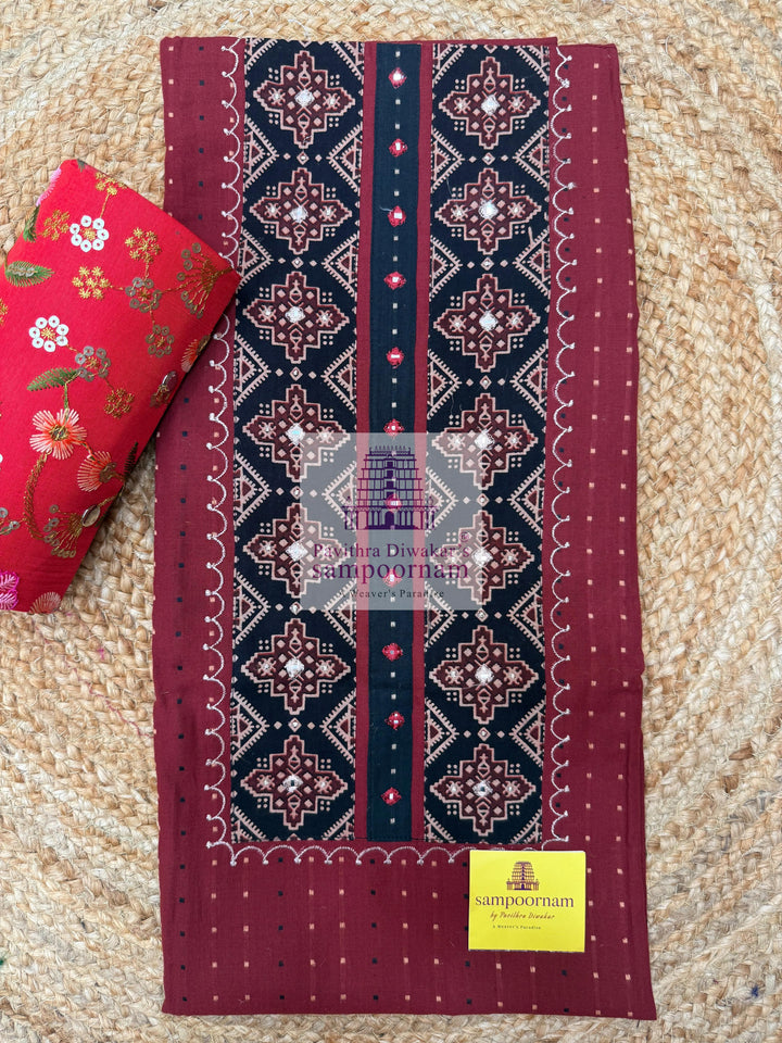 Cotton Maroon Top with Mirror work  design Yoke and Plain Black Bottom and Cotton Printed Dupatta