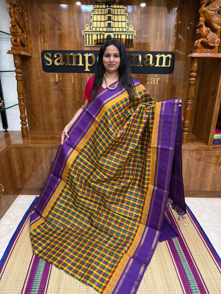 Green , Purple , Yellow Pallum Pazham Kattam with Purple , traditional Rettapet borders and Rich Pallu , Korvai Silk Cotton Saree