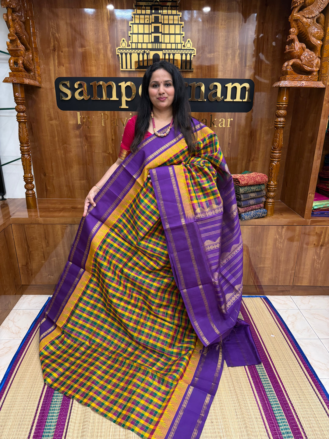 Green , Purple , Yellow Pallum Pazham Kattam with Purple , traditional Rettapet borders and Rich Pallu , Korvai Silk Cotton Saree
