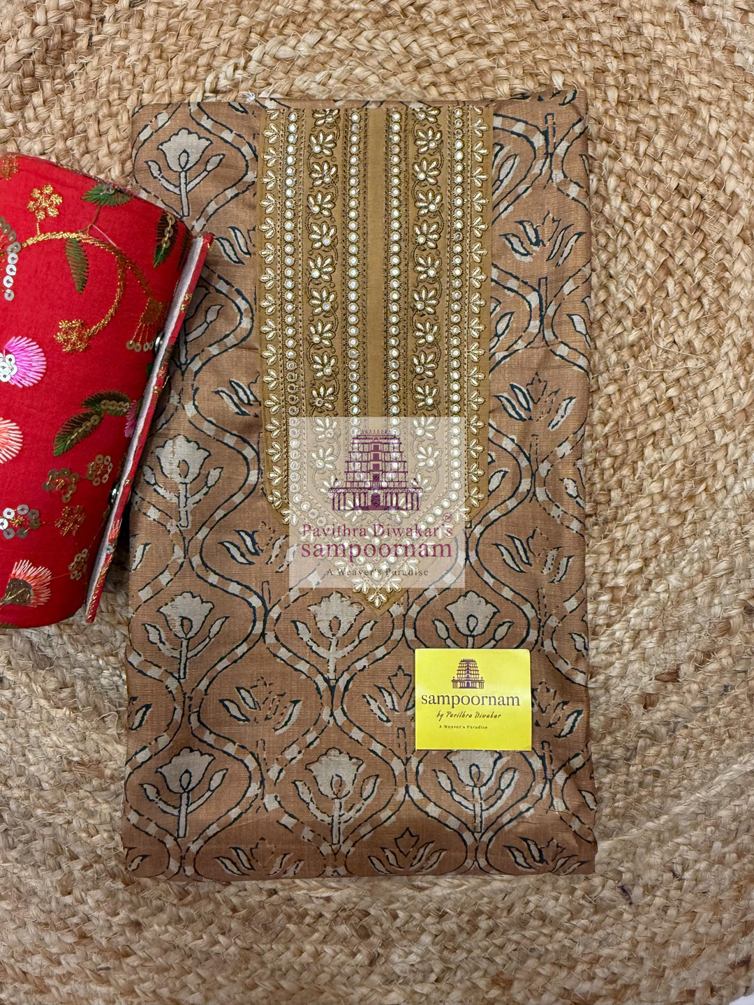 Mustard Floral Print top with Embroidary Yoke and Plain Bottom with Printed Dupatta - Semi Tussar Salwar Material