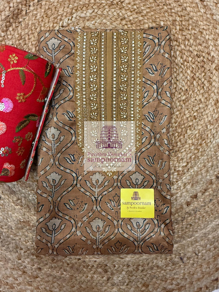 Mustard Floral Print top with Embroidary Yoke and Plain Bottom with Printed Dupatta - Semi Tussar Salwar Material