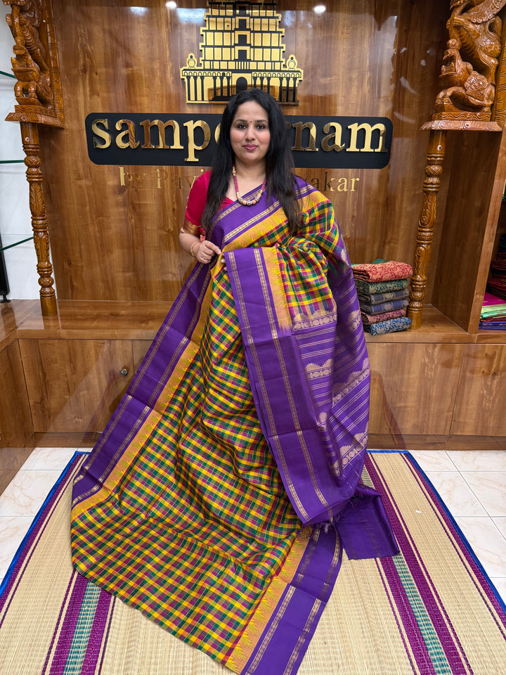 Green , Purple , Yellow Pallum Pazham Kattam with Purple , traditional Rettapet borders and Rich Pallu , Korvai Silk Cotton Saree