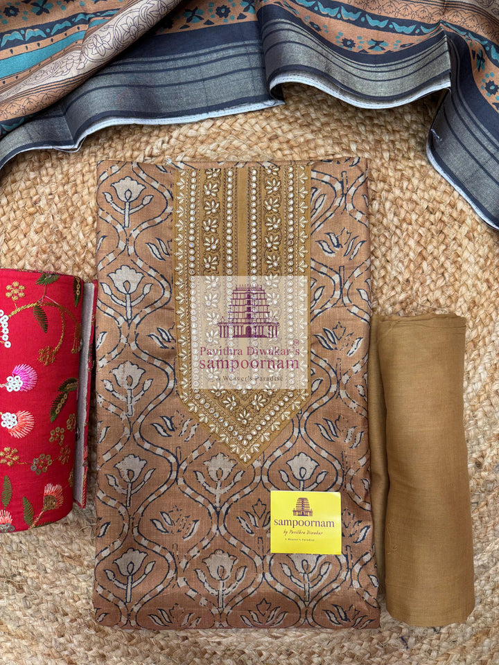 Mustard Floral Print top with Embroidary Yoke and Plain Bottom with Printed Dupatta - Semi Tussar Salwar Material