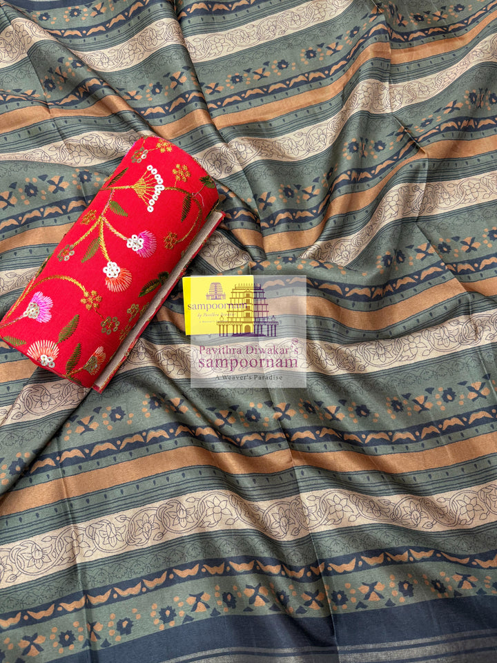 Blue Semi Tussar with Patchwork and Embroidery in the Yoke , Plain Bottom and Printed Dupatta