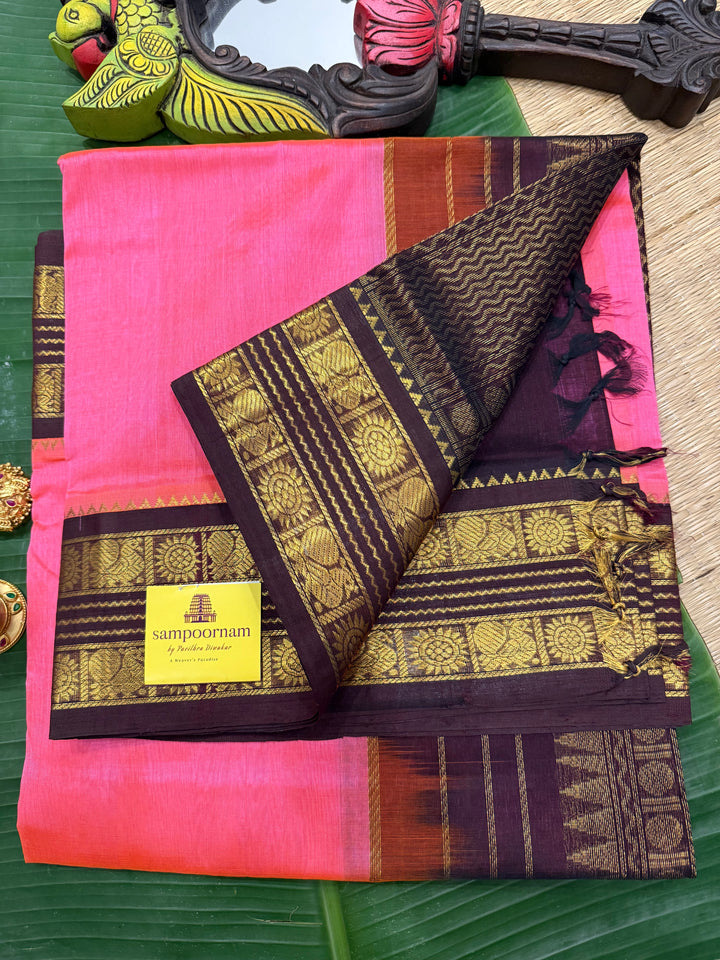 Lotus Pink with Brown traditional Kanchi Borders , rich pallu korvai silk cotton saree