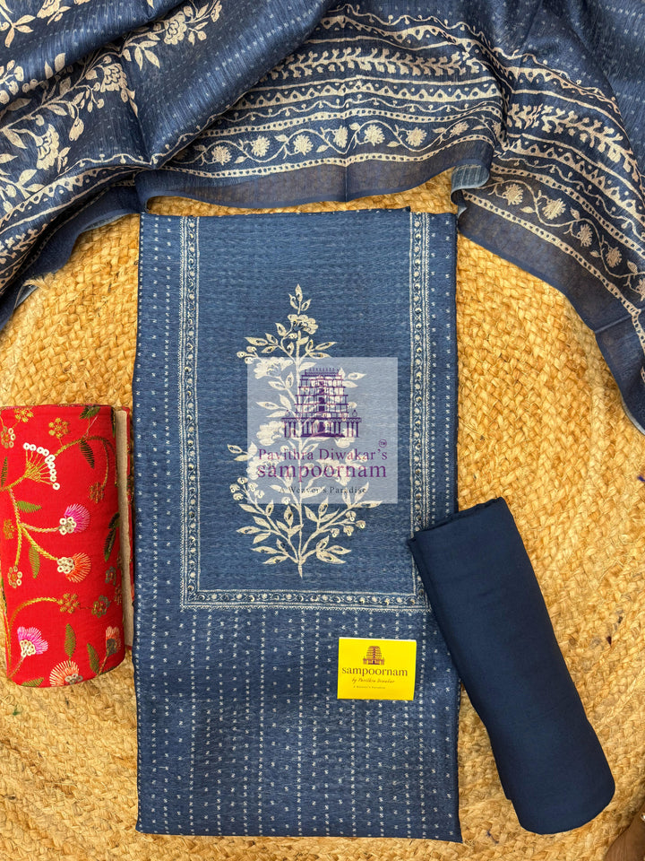 Blue Semi Tussar top with Printed Yoke and Mirror work , Plain Bottom and Printed Dupatta