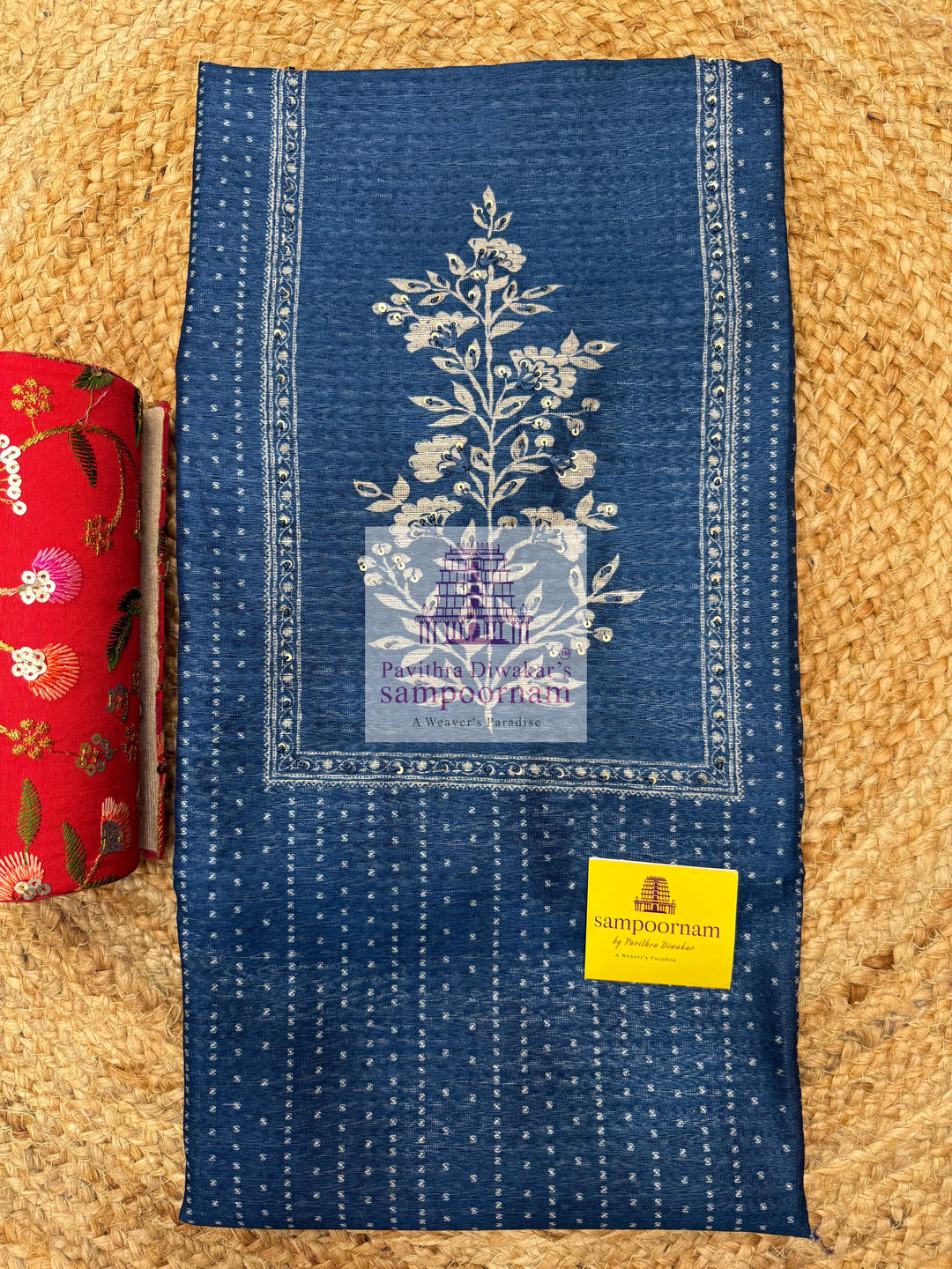 Blue Semi Tussar top with Printed Yoke and Mirror work , Plain Bottom and Printed Dupatta