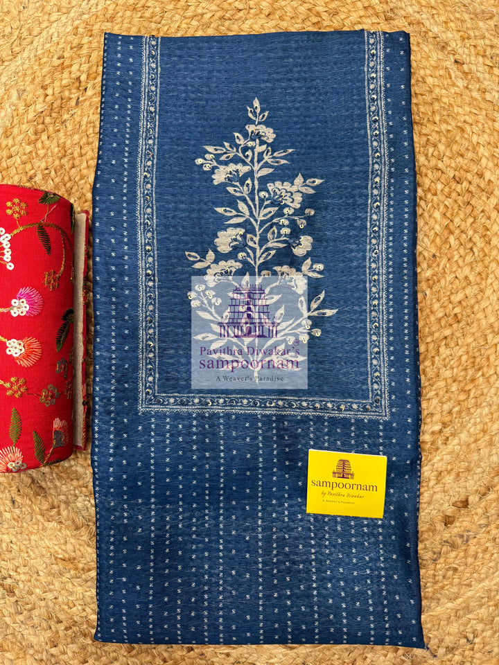 Blue Semi Tussar top with Printed Yoke and Mirror work , Plain Bottom and Printed Dupatta