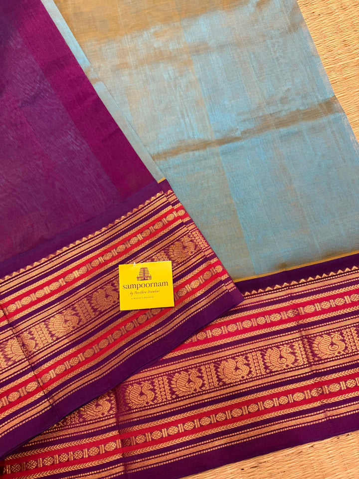 Double shaded blue with Purple ,rich big Kanchi traditional border and grand Pallu Korvai Silk Cotton Saree