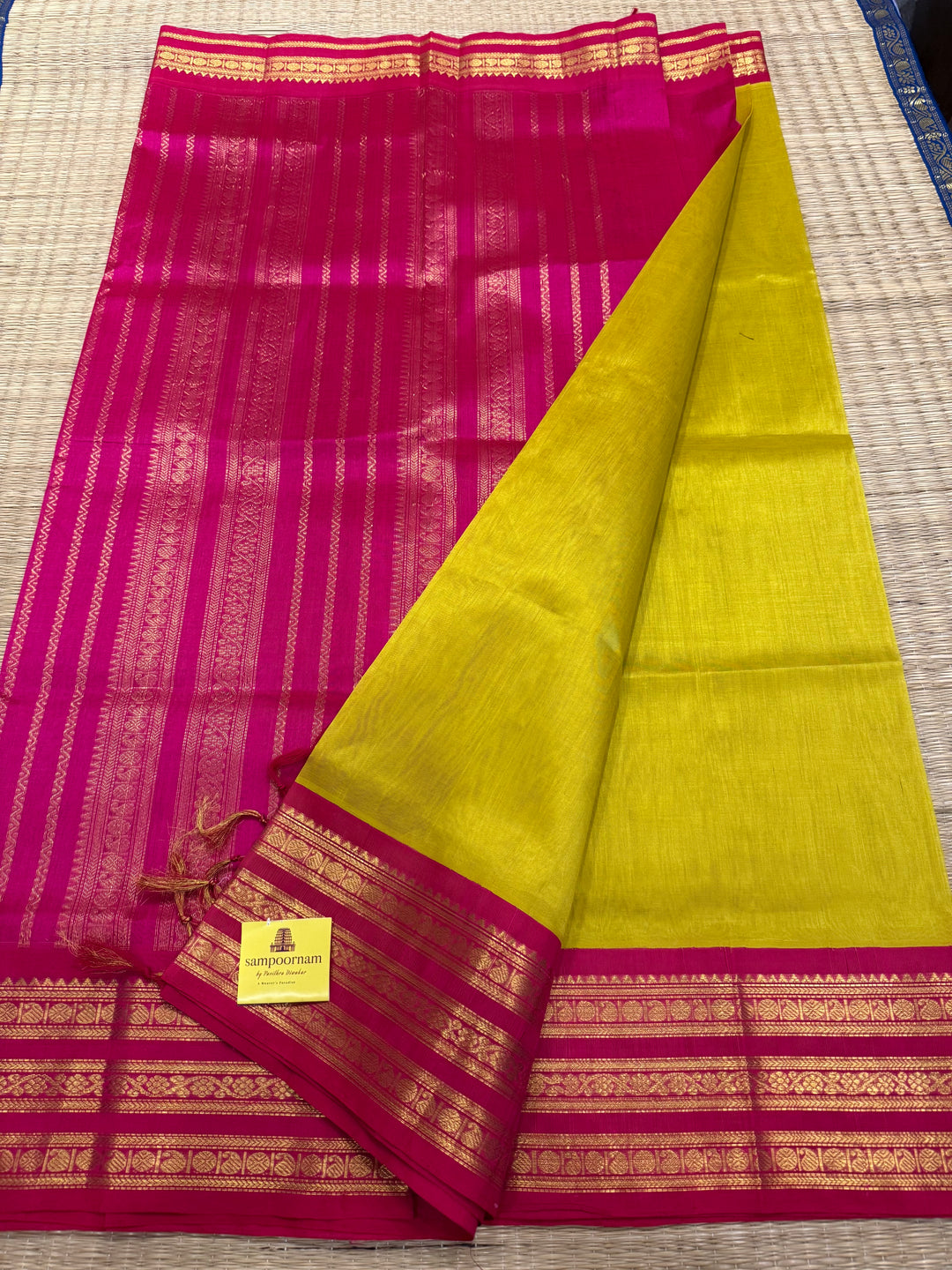 Lemon Yellow with Pink ,rich big Kanchi traditional border and grand Pallu Korvai Silk Cotton Saree