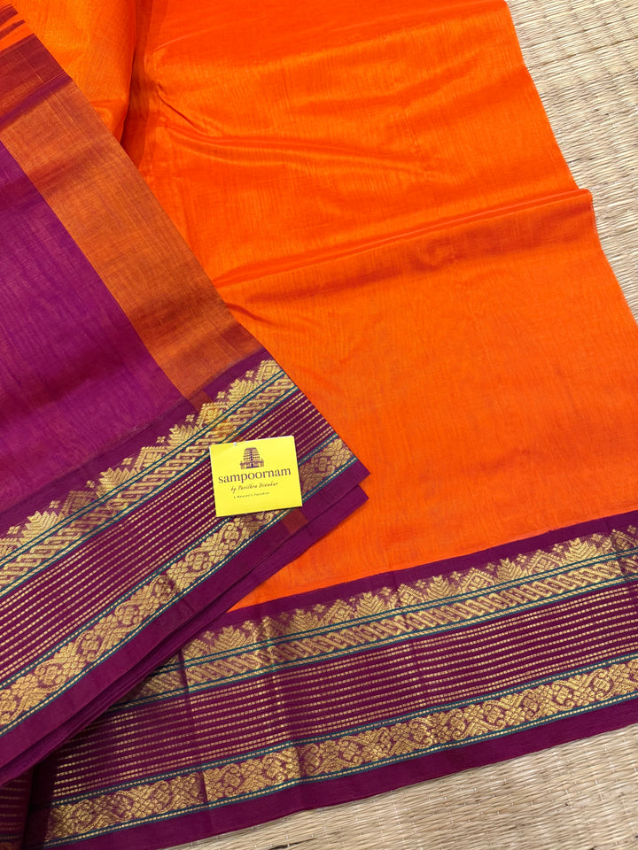 Orange with Magenta  ,traditional rich borders and grand Pallu korvai Silk Cotton Saree