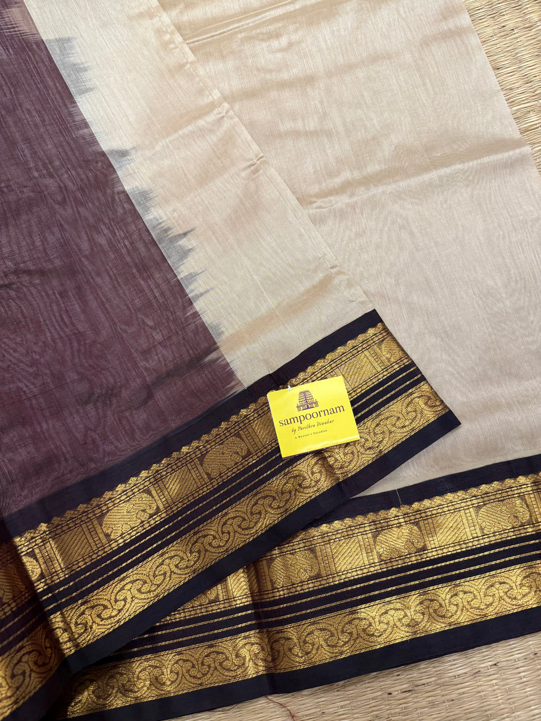 Beige with Brown ,traditional rich borders and grand Pallu korvai Silk Cotton Saree