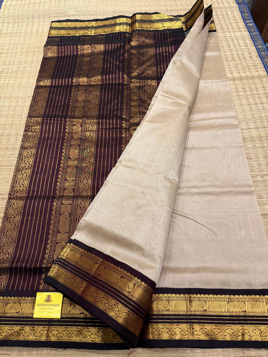 Beige with Brown ,traditional rich borders and grand Pallu korvai Silk Cotton Saree