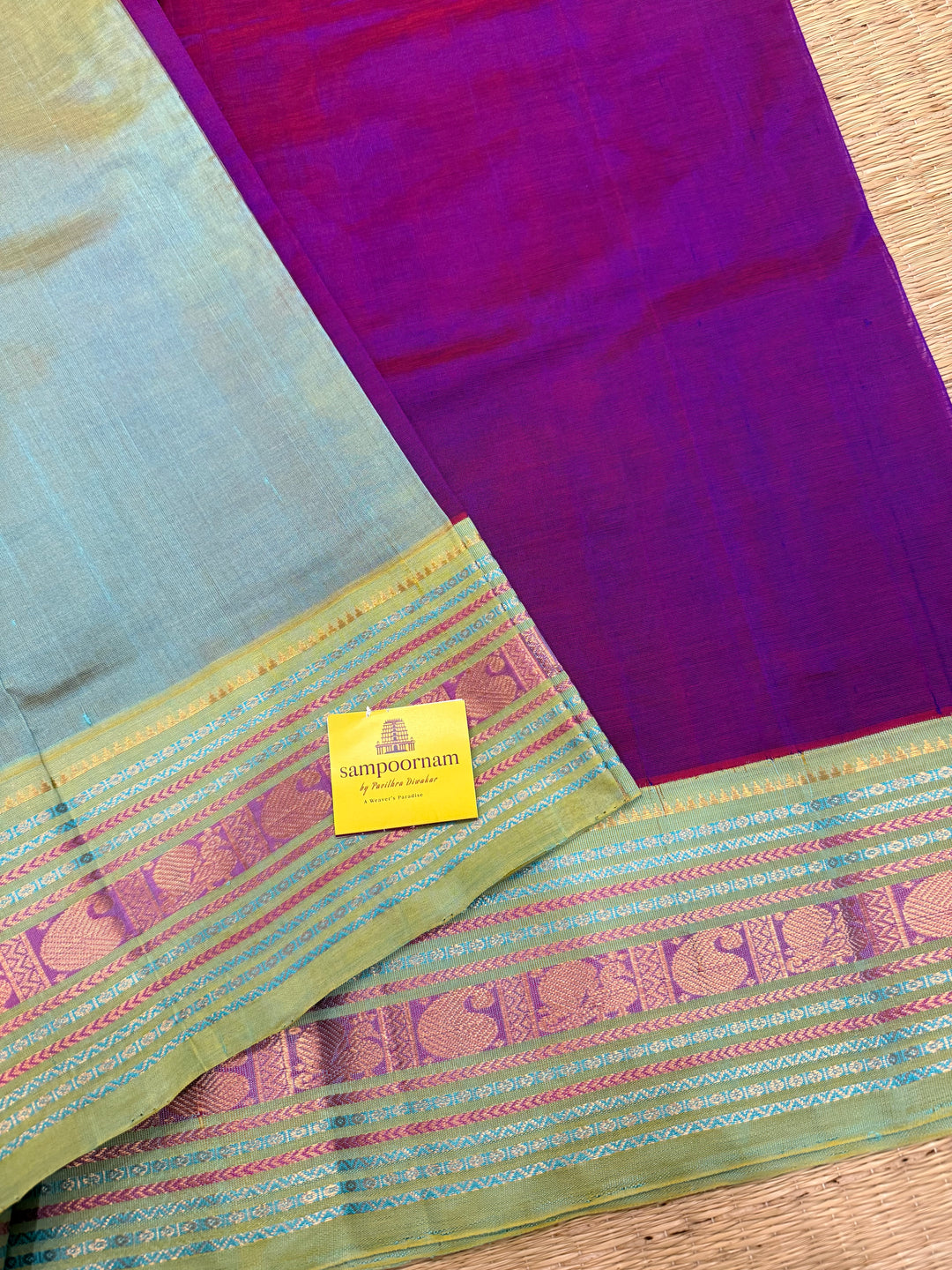 Purple with Sea Green ,rich big Kanchi traditional border and grand Pallu Korvai Silk Cotton Saree