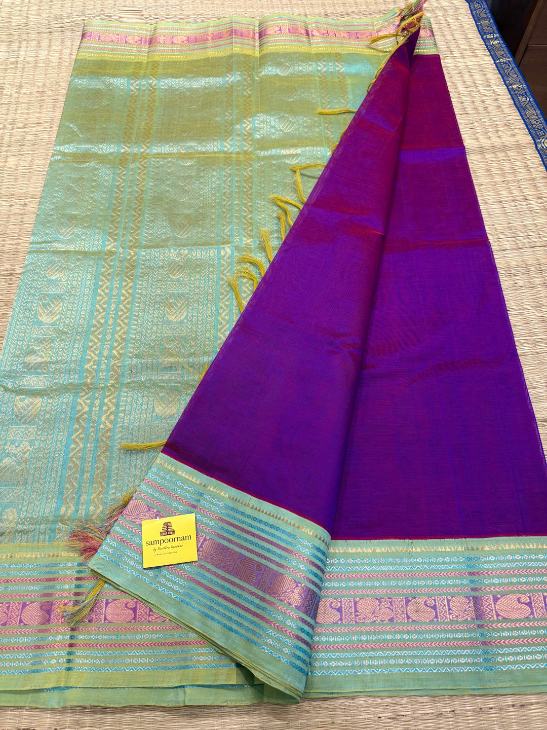 Purple with Sea Green ,rich big Kanchi traditional border and grand Pallu Korvai Silk Cotton Saree