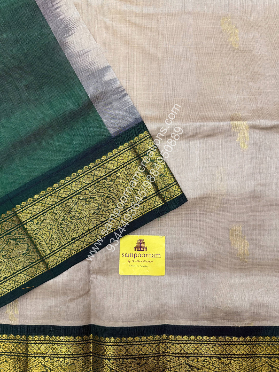 Beige with Dark Green , rich Mayil Zari butta in the body and traditional borders , Grand Pallu Korvai Silk Cotton Saree
