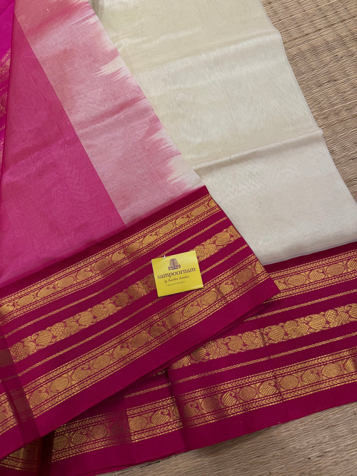 White with Pink ,rich big Kanchi traditional border and grand Pallu Korvai Silk Cotton Saree