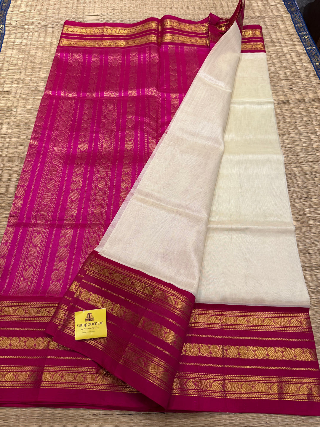 White with Pink ,rich big Kanchi traditional border and grand Pallu Korvai Silk Cotton Saree