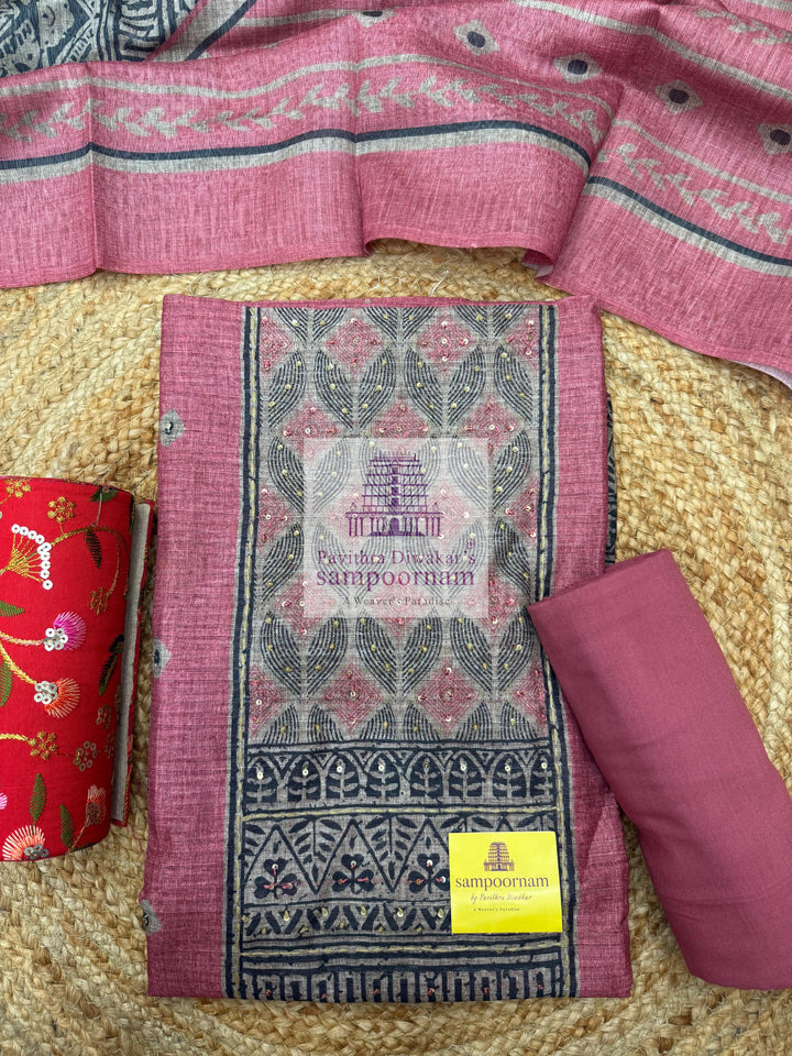 Pink Semi Tussar with Patchwork and Embroidery in the Yoke , Plain Bottom and Printed Dupatta