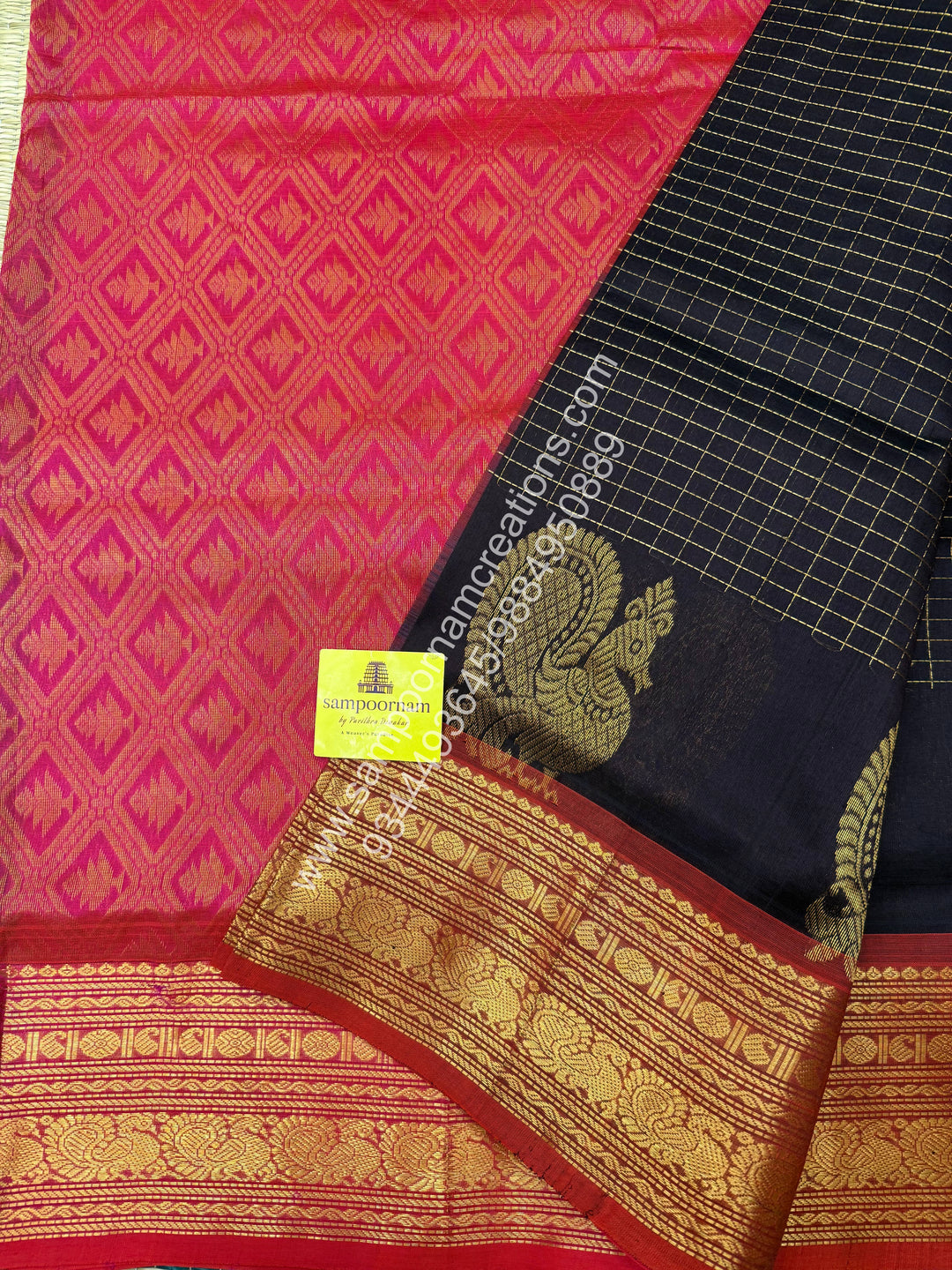 Dark Brown with Pink , Red Selvedge , Annam motif and Kanchi one side long border  and Zari checks in the body  , Rich Zari checks in the body , Grand Pallu Korvai Silk Cotton Saree