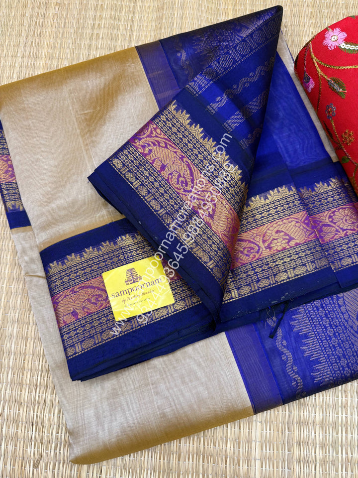 Gold with Dark Blue , Traditional borders and  Grand Pallu Korvai Silk Cotton Saree