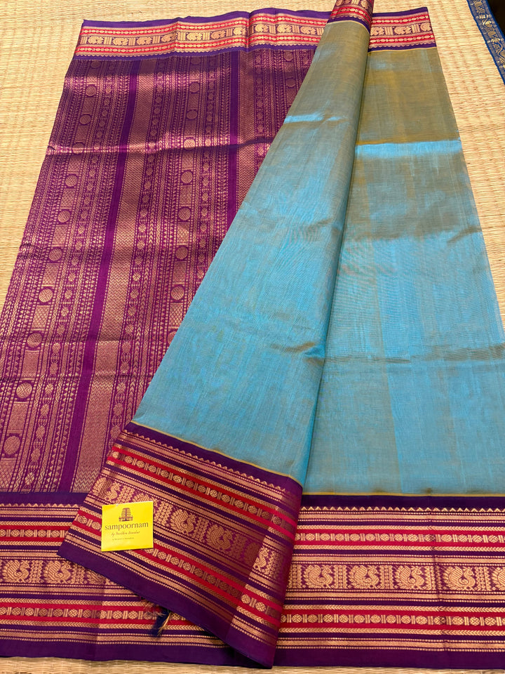 Double shaded blue with Purple ,rich big Kanchi traditional border and grand Pallu Korvai Silk Cotton Saree