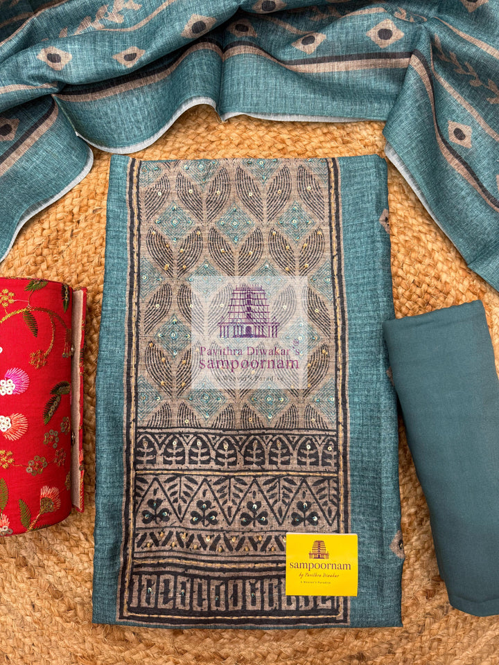 Blue Semi Tussar with Patchwork and Embroidery in the Yoke , Plain Bottom and Printed Dupatta
