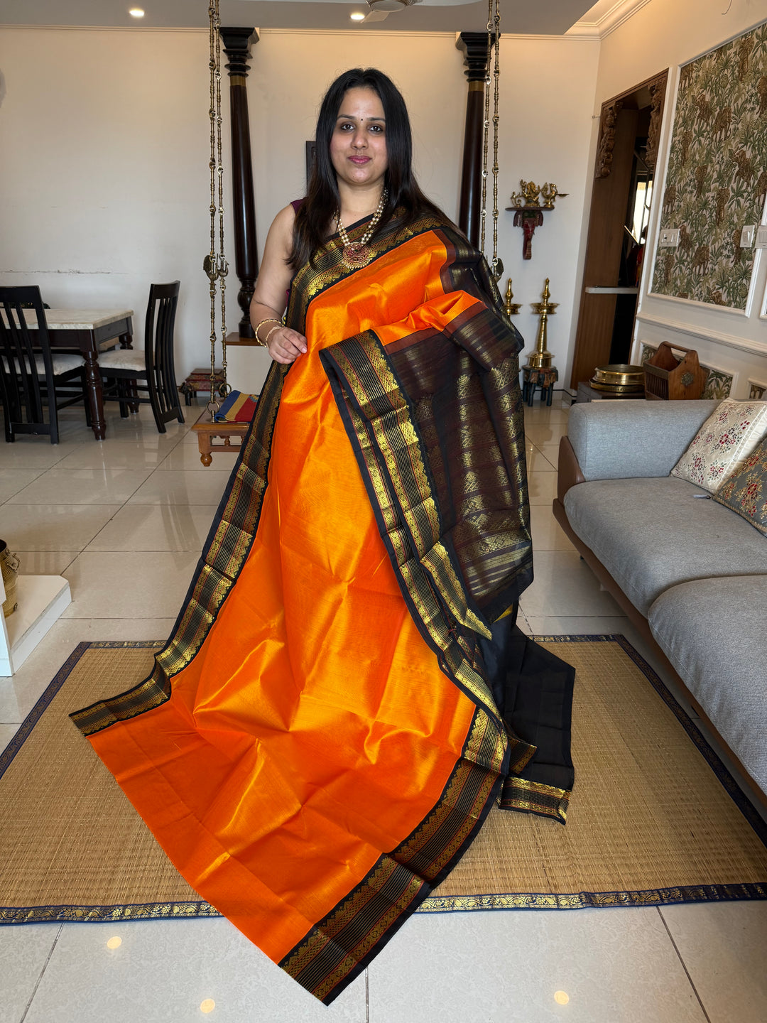 Mambazha Manjal with Black traditional borders with rich Pallu  Korvai Silk Cotton Saree