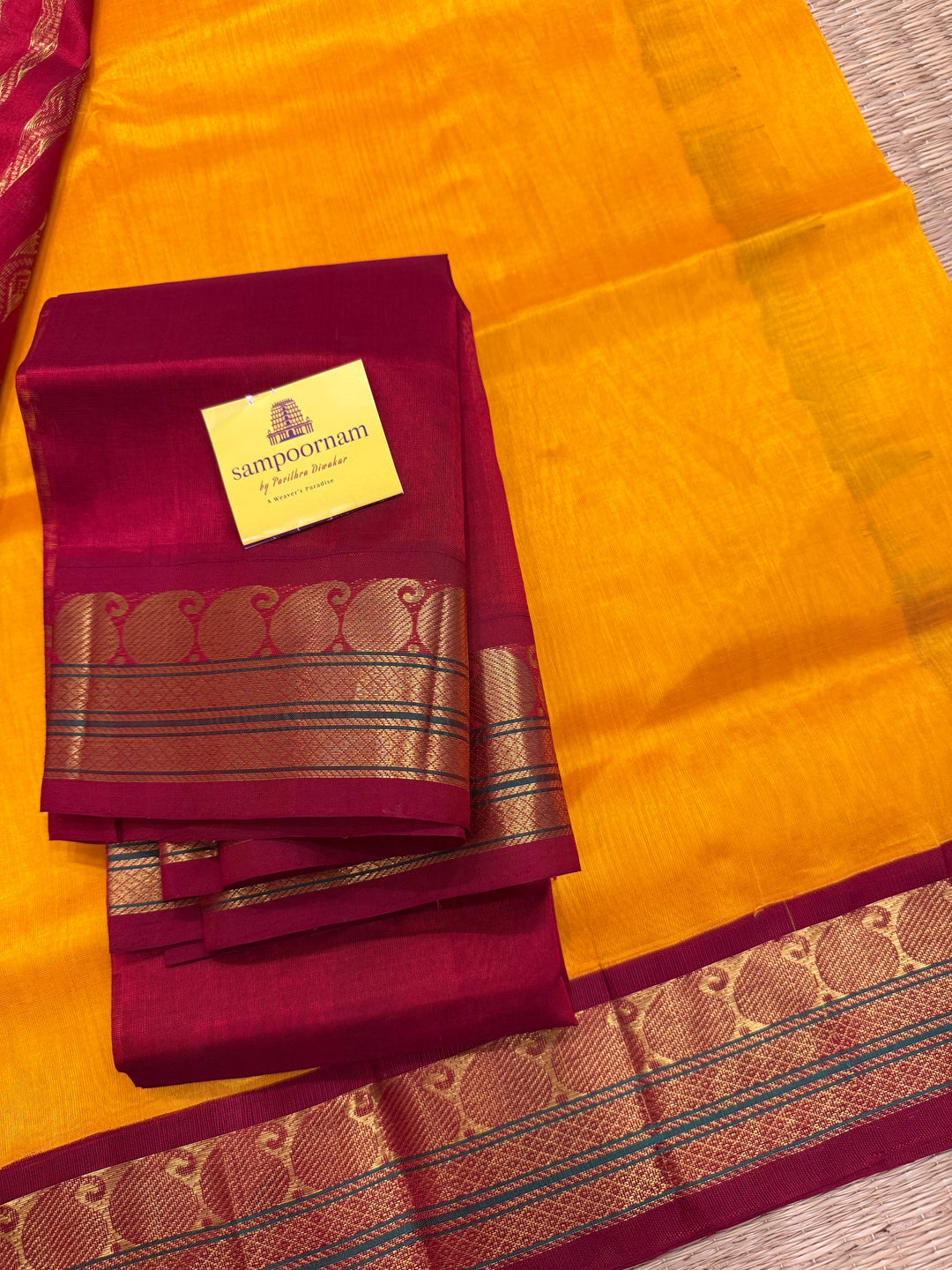 Mambazha Manjal with Red  traditional borders rich Pallu Korvai Silk Cotton Saree