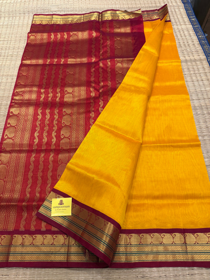 Mambazha Manjal with Red  traditional borders rich Pallu Korvai Silk Cotton Saree