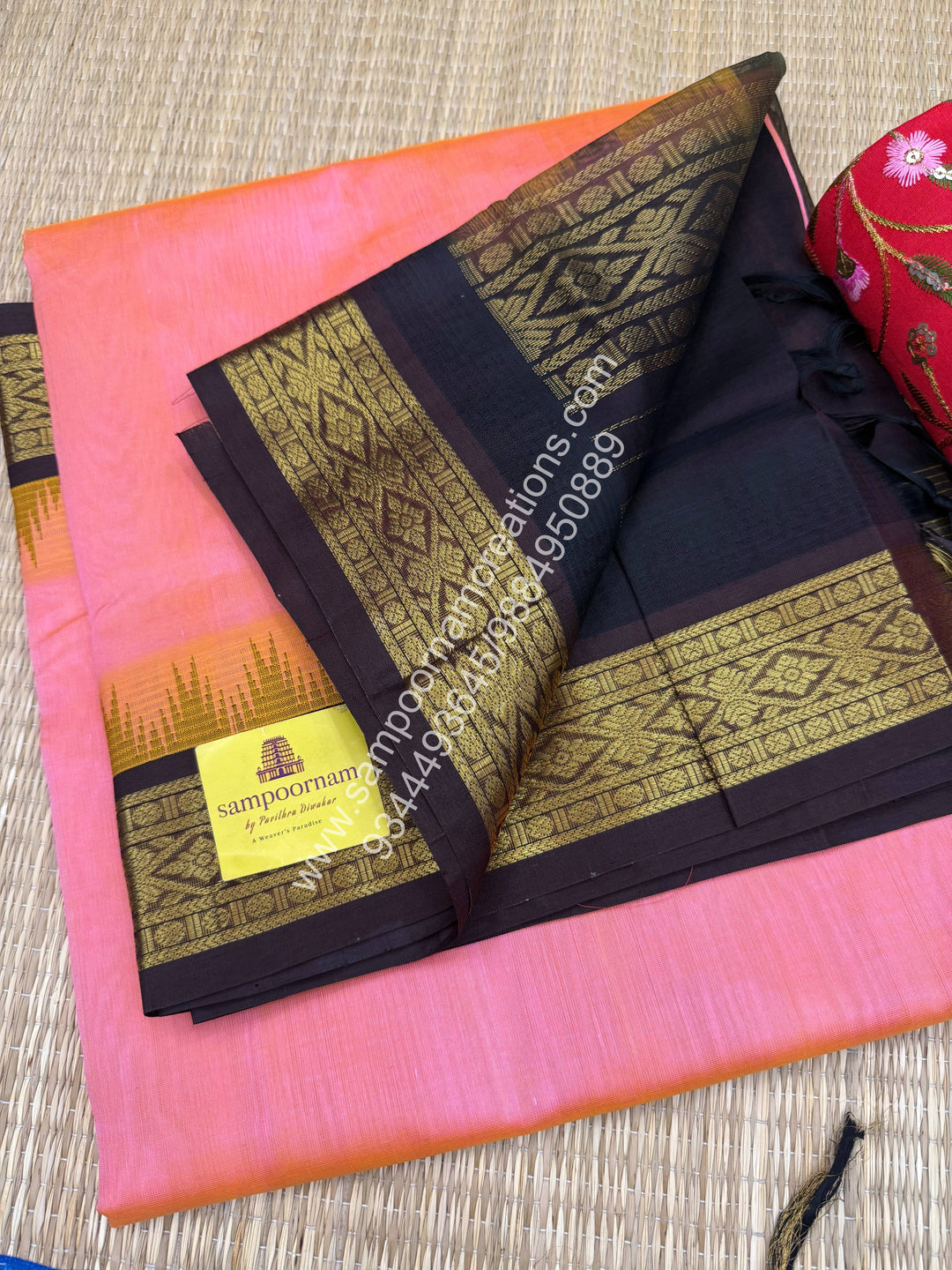 Pastel Pink with Dark Brown , Temple design with Traditional borders and  Grand Pallu Korvai Silk Cotton Saree