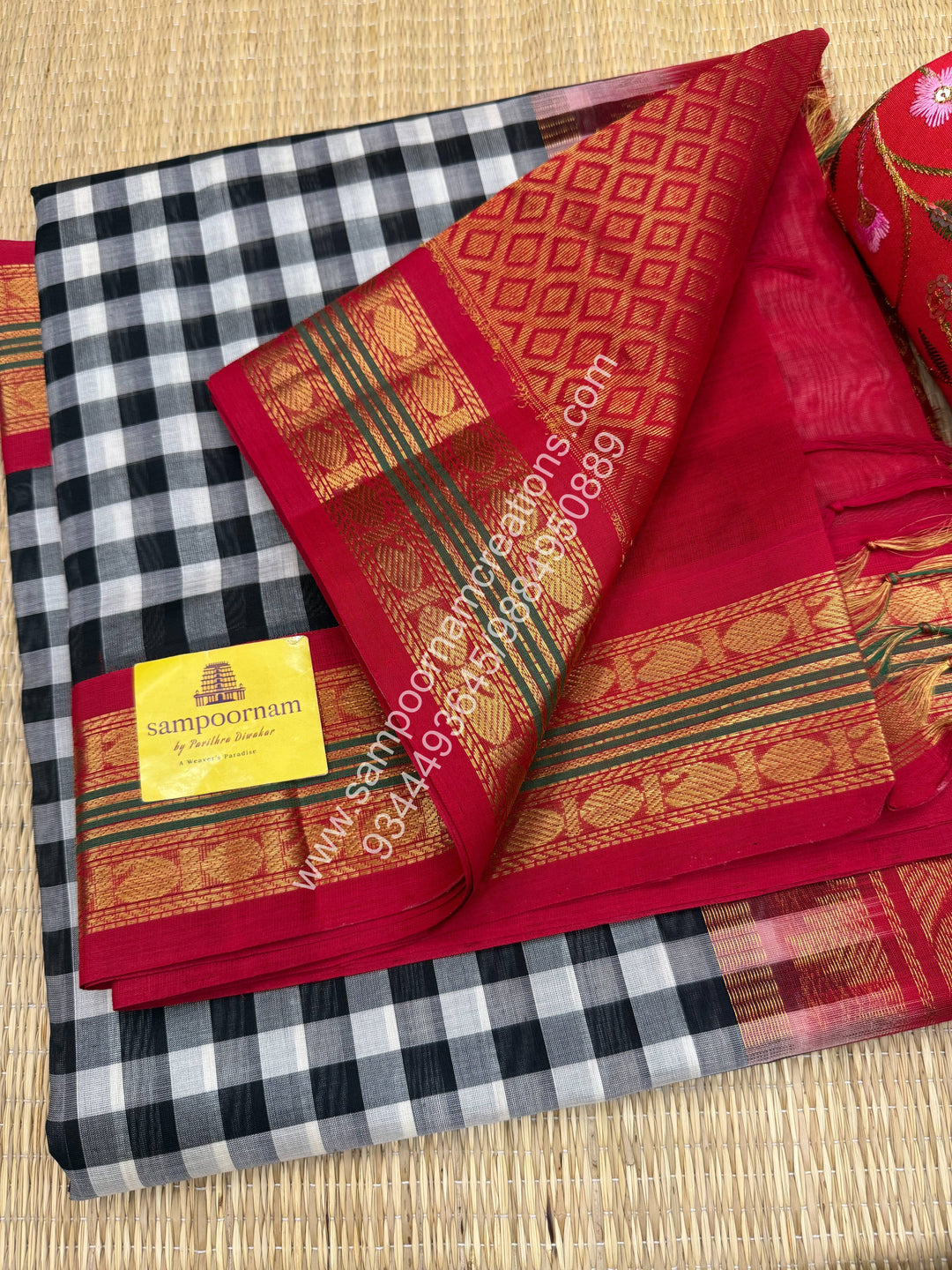 Black and White with Red , Paalum Pazham Kattam , Rettapet borders , Grand Pallu Korvai Silk Cotton Saree