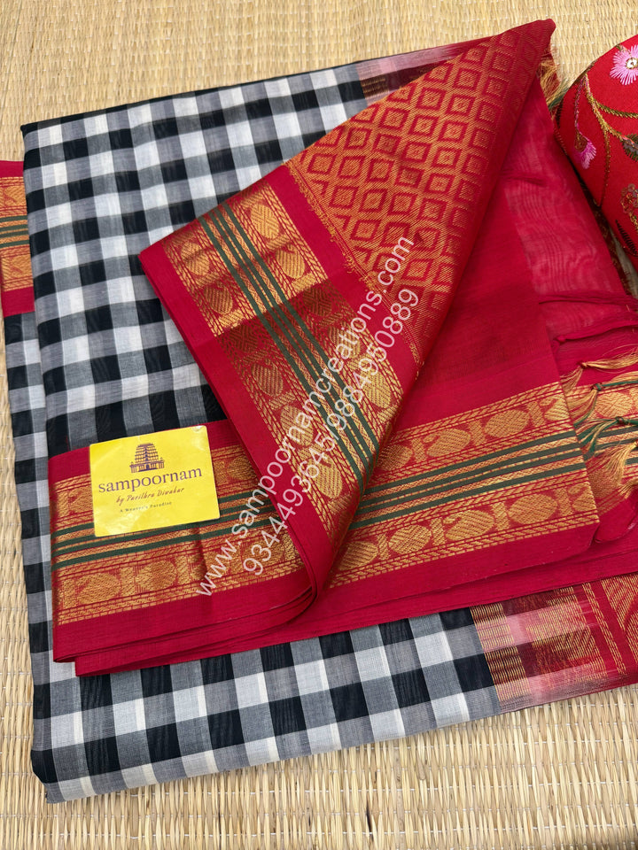 Black and White with Red , Paalum Pazham Kattam , Rettapet borders , Grand Pallu Korvai Silk Cotton Saree
