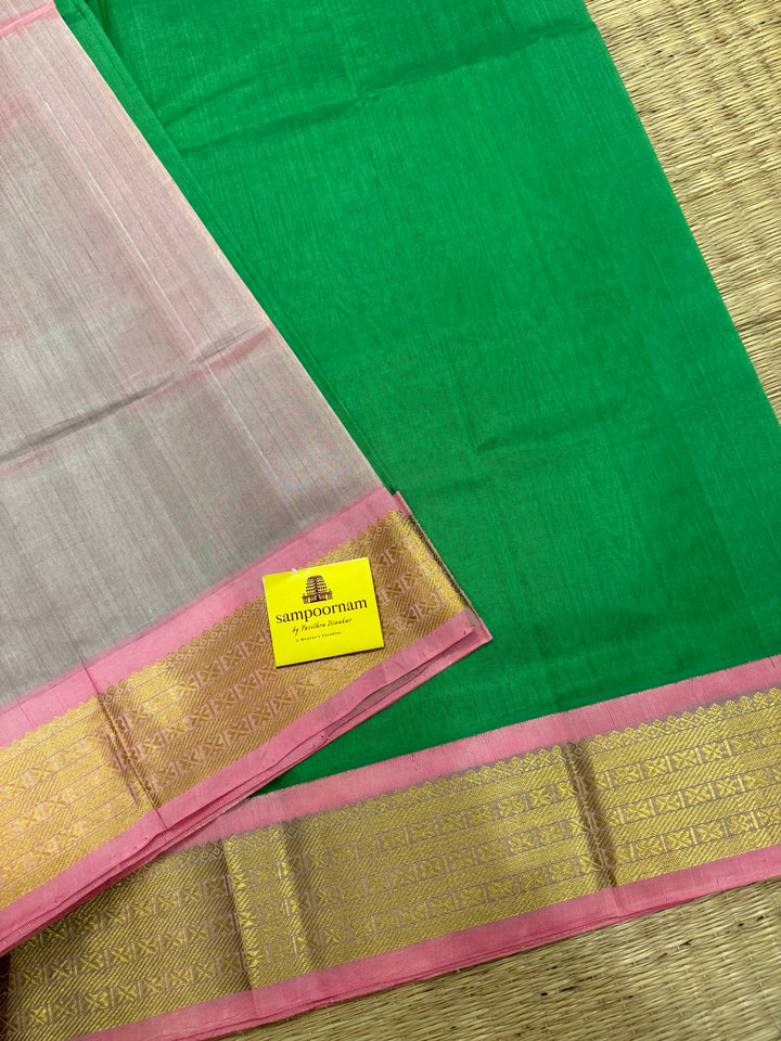 Parrot Green with Baby Pink  traditional borders rich Pallu Korvai Silk Cotton Saree