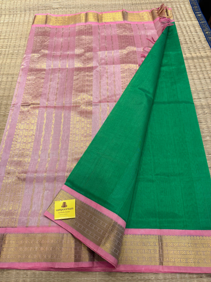 Parrot Green with Baby Pink  traditional borders rich Pallu Korvai Silk Cotton Saree