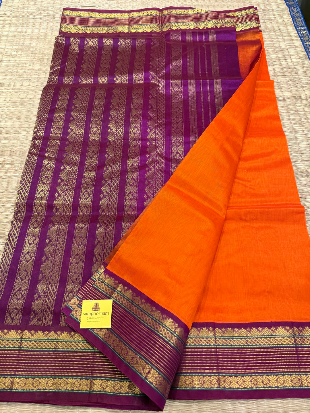 Orange with Magenta  ,traditional rich borders and grand Pallu korvai Silk Cotton Saree
