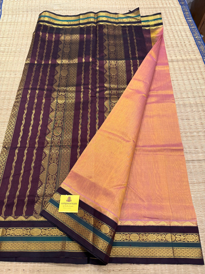 Peach with Brown  traditional borders rich Pallu Korvai Silk Cotton Saree