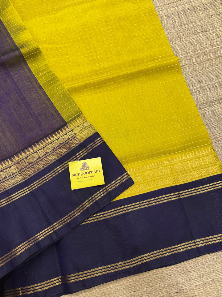 Lemon Yellow with Dark Blue , zari kattam in the body ,rettapet border and rich Pallu Korvai Silk Cotton Saree