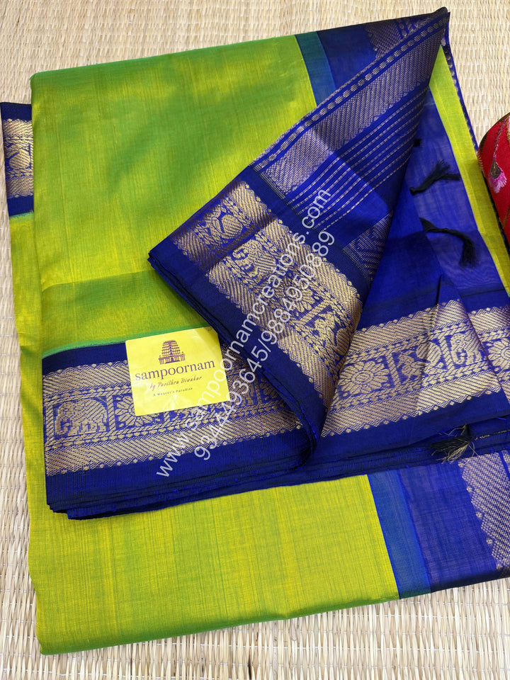 Sneha Green with Blue , Traditional borders and  Grand Pallu Korvai Silk Cotton Saree